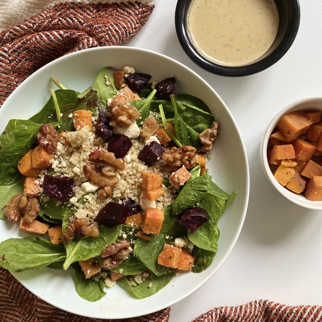 Plant Based and Delicious Sweet Potato and Steamed Beet Bowl with Candied Walnuts and Dill Tahini DressingMenu Mandala who makes the best food in Calgary