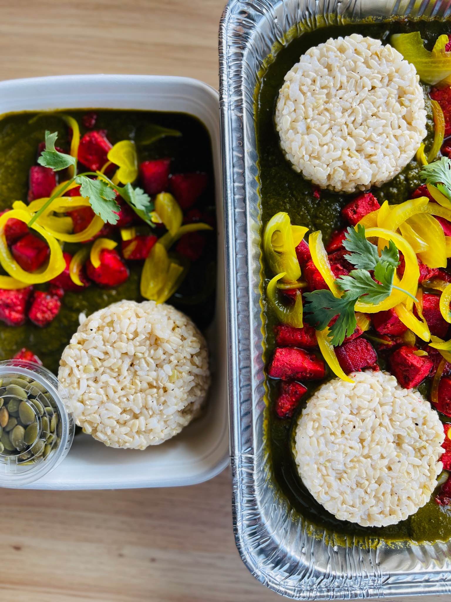 Popeye's Paneer with fermented and steamed brown rice in Calgary meal prep plant based vegan