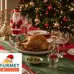 Christmas turkey dinner with roast turkey, garlic mashed potatoes, stuffing, carrots, green beans, and cranberry sauce on a holiday-themed plate.