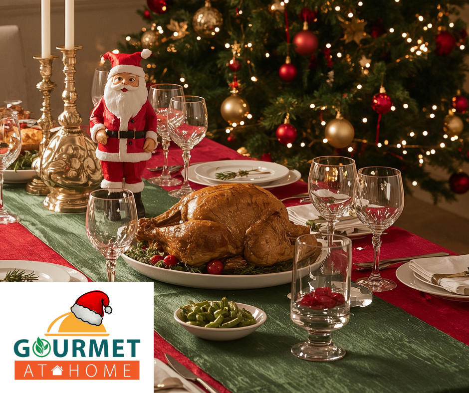 Christmas turkey dinner with roast turkey, garlic mashed potatoes, stuffing, carrots, green beans, and cranberry sauce on a holiday-themed plate.